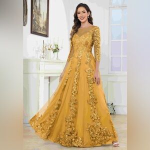 Mustard Illusion 3/4 Sleeves Tulle Lace Long MOB/ MOG Dresses With Sequins